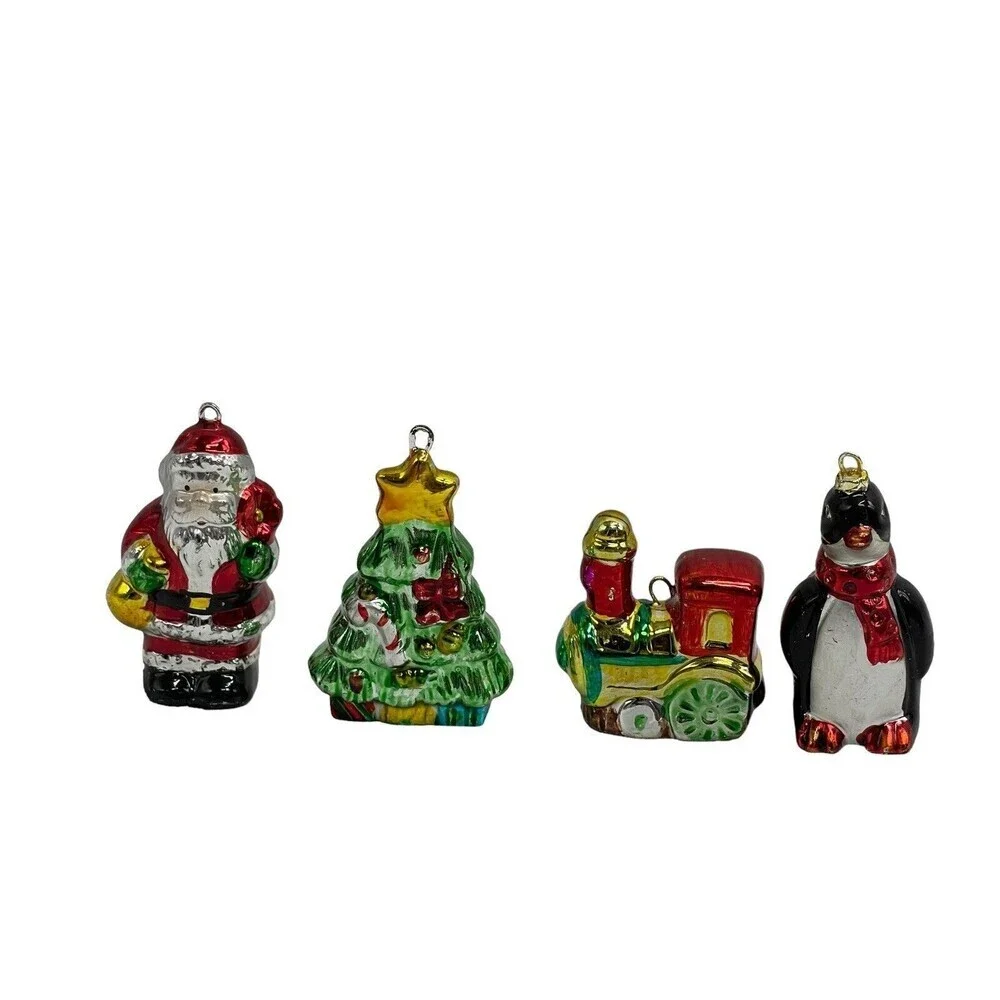 Vintage Glass Santa Holding Doll and Gifts Tree  Penguin Metallic Paint